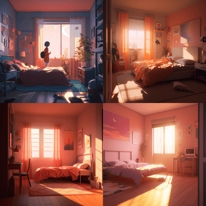 动漫现代卧室，环境，前视，女孩卧室，无人 - Midjourney Prompt