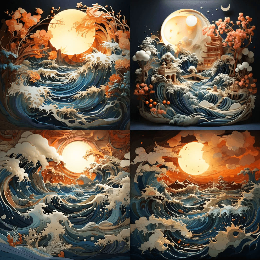 一幅纸笔画，展示了巨大的海浪在夜间海岸线 - Midjourney Prompt