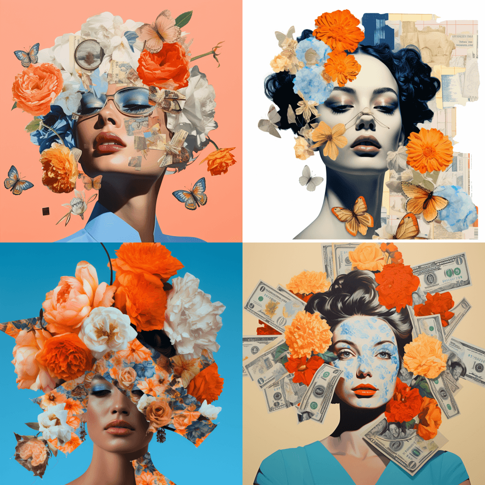 一幅带有美元纸币和鲜花的拼贴画，以现代主 - Midjourney Prompt