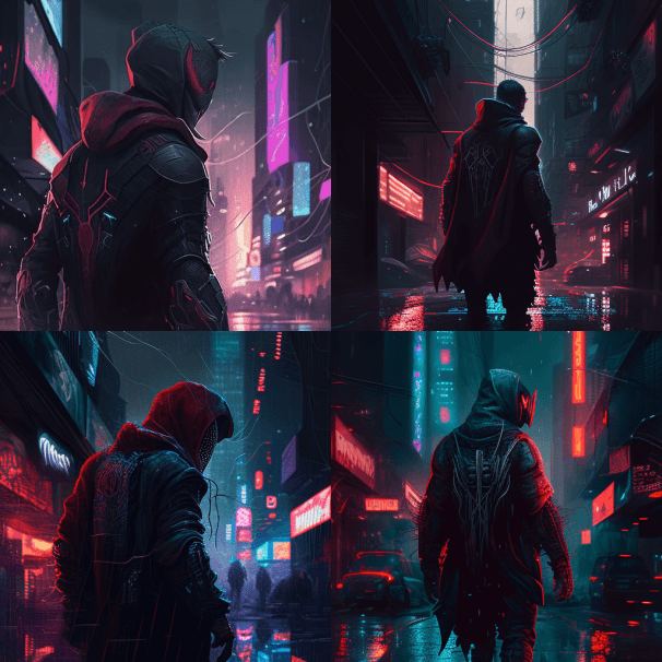 黑暗城市中赛博朋克风格的蜘蛛侠 - Midjourney Prompt