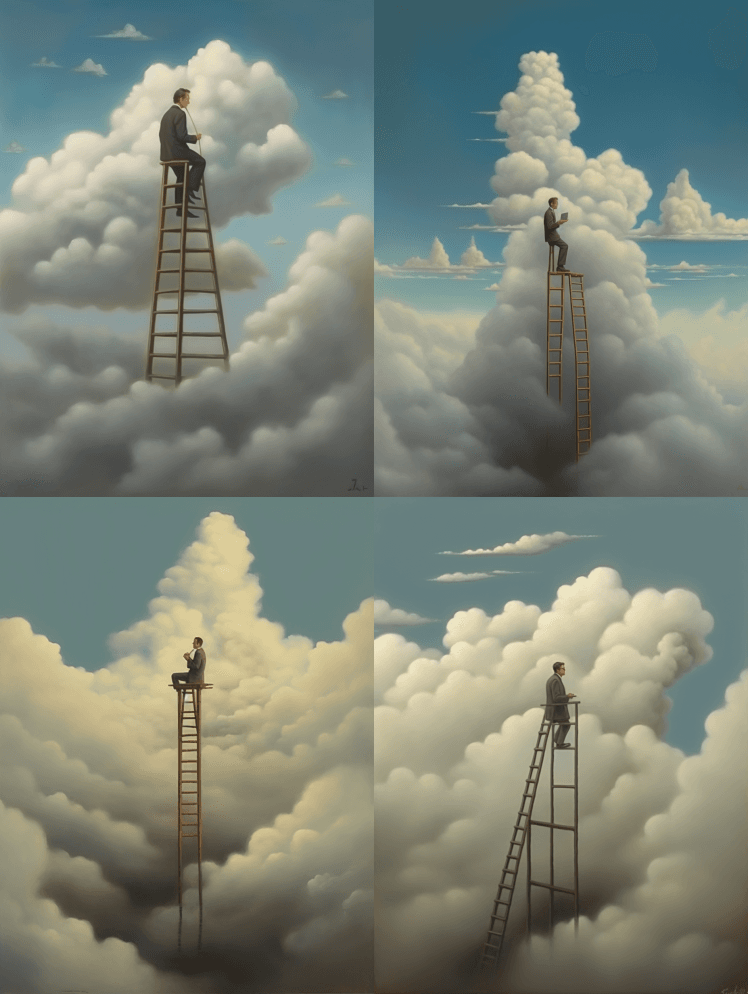 他爬上云层上的梯子，给他的大脑留出清晰思 - Midjourney Prompt