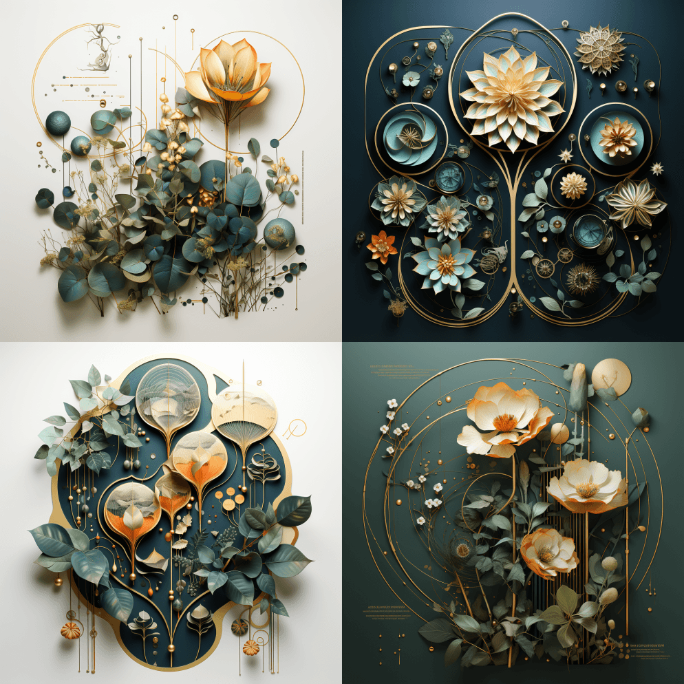 生物植物结构，黄金比例级数图形，极简主义 - Midjourney Prompt