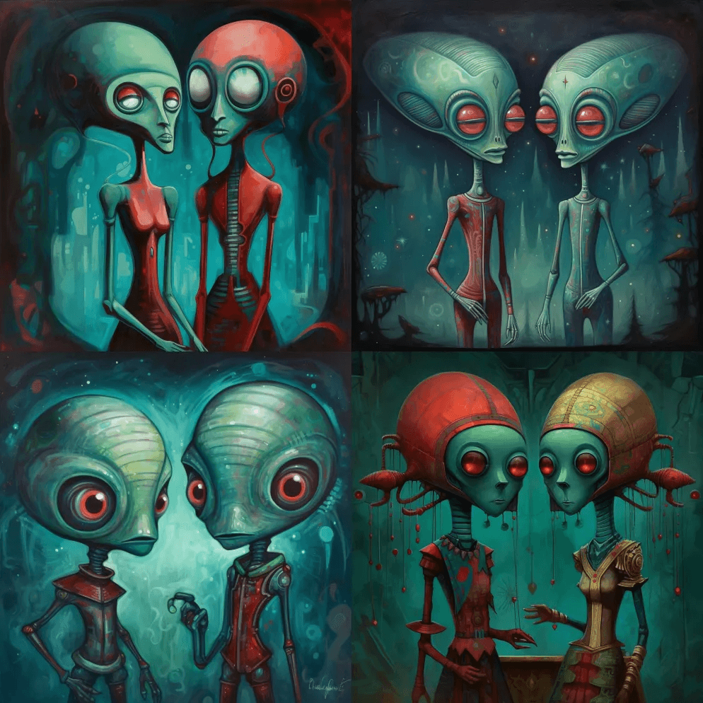 外星人夫妇模仿人类,以超现实主义元素 - Midjourney Prompt