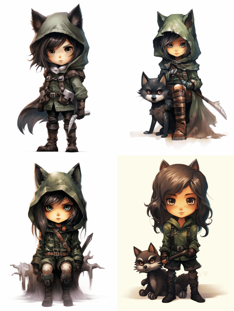 有着赤壁特征的可爱奇幻猎人女孩，手持忍者 - Midjourney Prompt