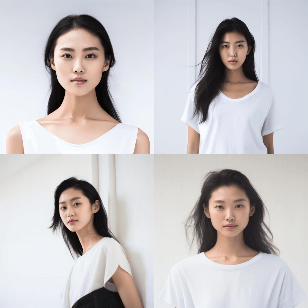 1名中国女模特，白色背景，俏皮的极简主义 - Midjourney Prompt
