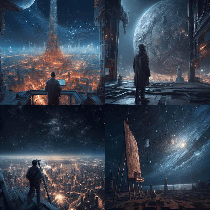 IG11凝视外太空，站在画架旁，远在太空 - Midjourney Prompt