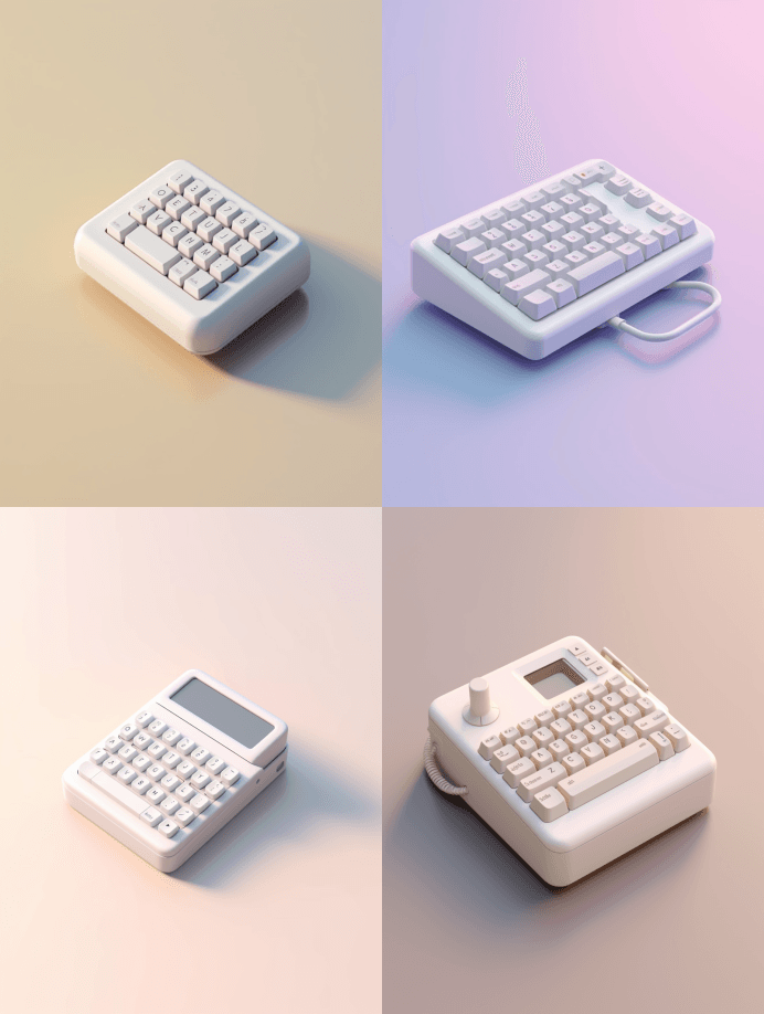 一台小型白色电脑，键盘，非常可爱，等距， - Midjourney Prompt