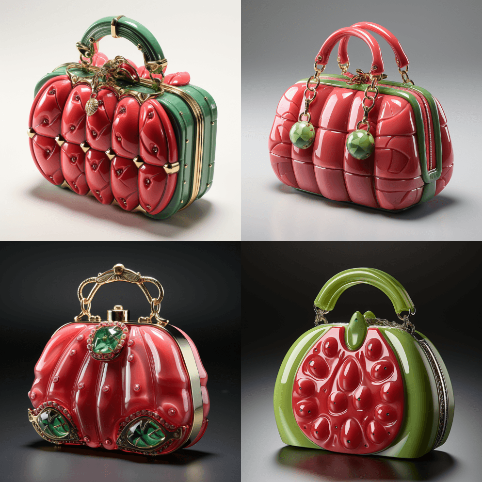 一个西瓜形状的金属链式手袋，风格鲜明的色 - Midjourney Prompt