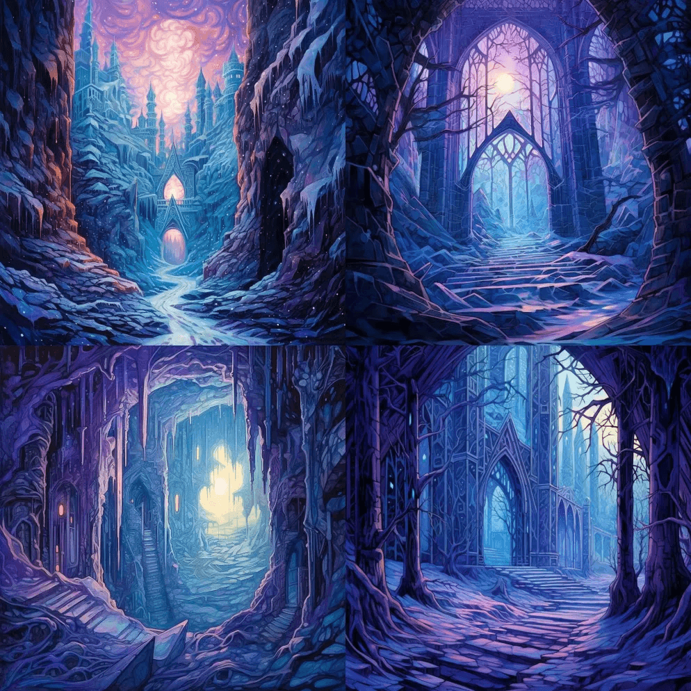 冰冻阴影的城堡，内部，黑暗，魔法，幻想， - Midjourney Prompt