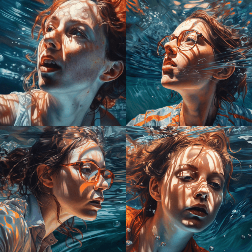 一幅在水下游泳的女人的油画，以超现实主义 - Midjourney Prompt