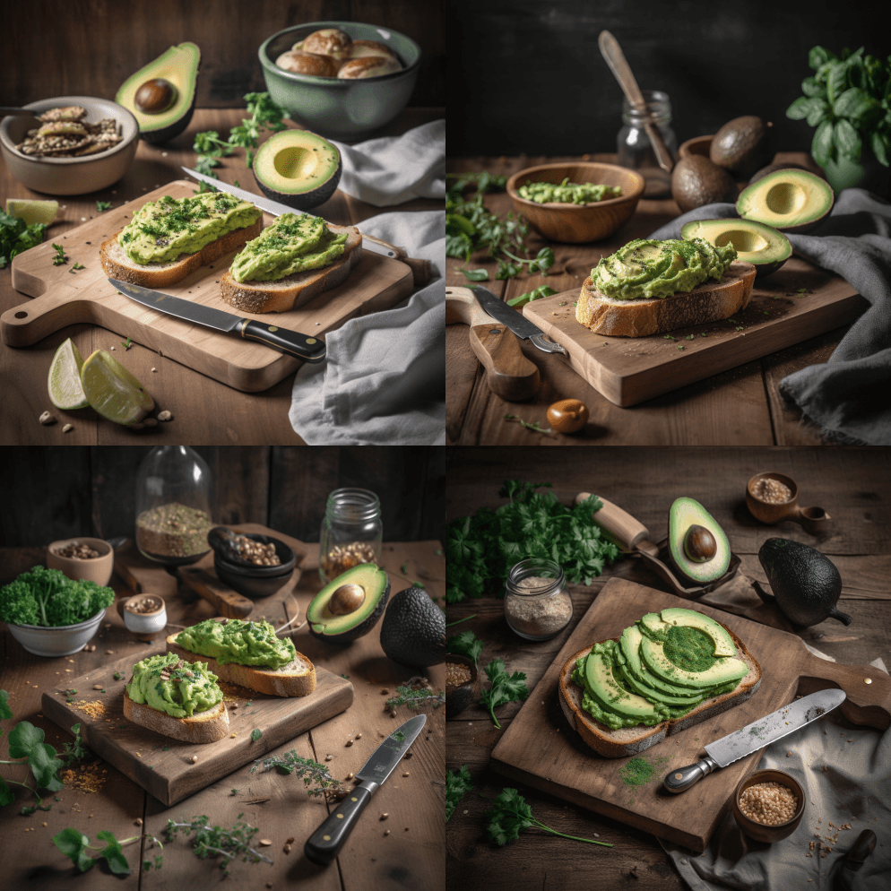 牛油果吐司，牛油果均匀地铺在面包上，上面 - Midjourney Prompt