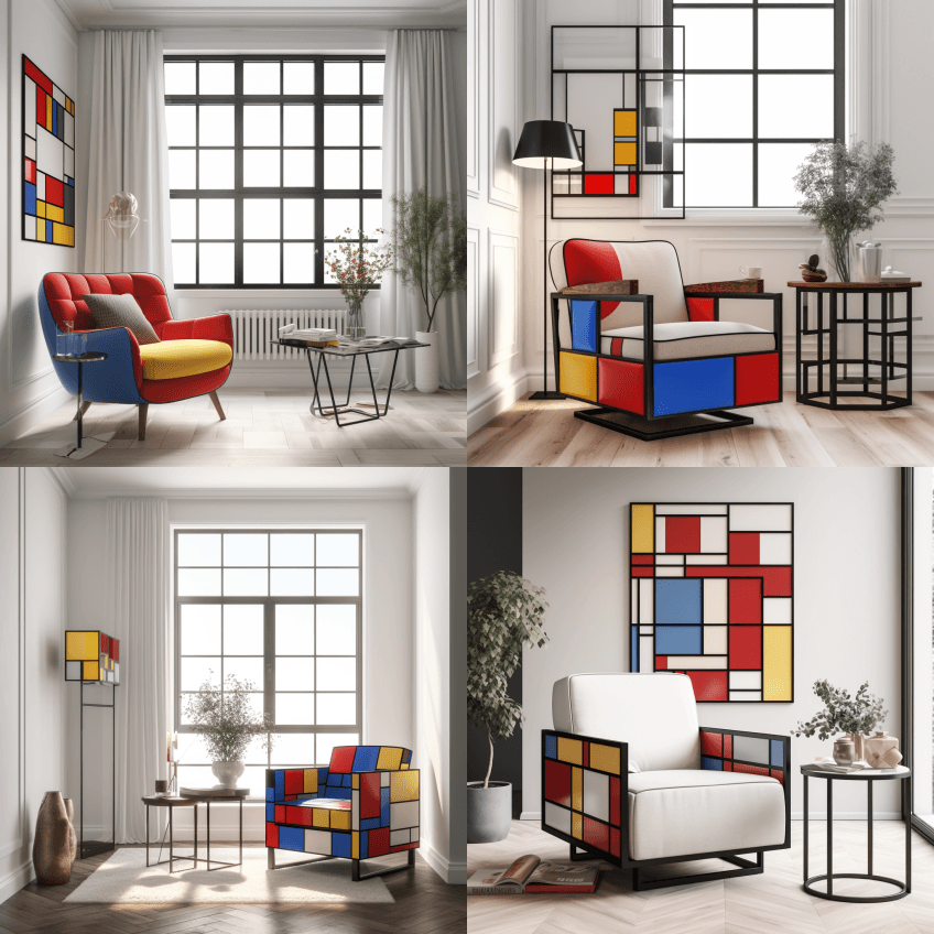 客厅里摆放着一把以蒙德里安为灵感的扶手椅 - Midjourney Prompt