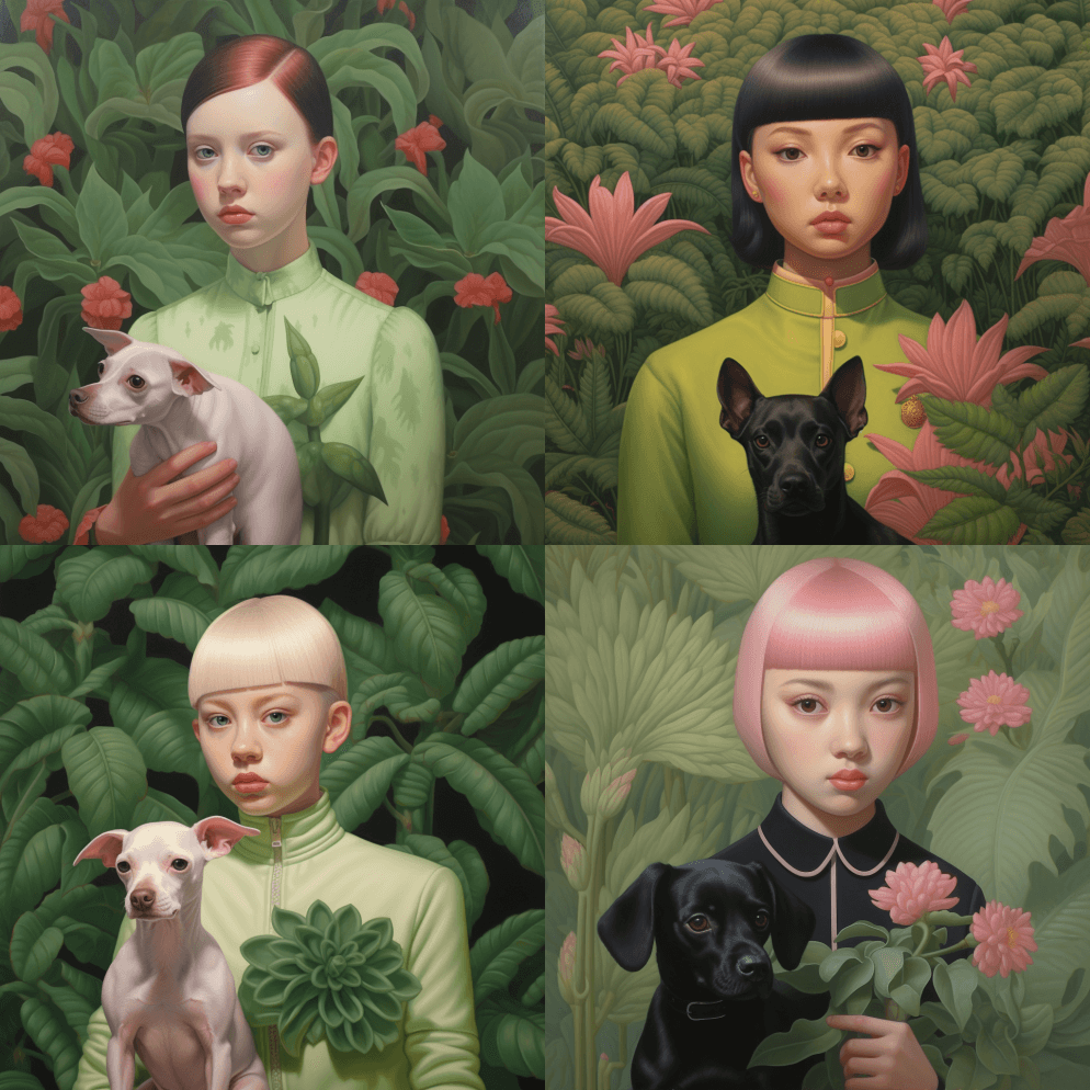 超高清，一只植物里的狗和一只蜥蜴在亚历克 - Midjourney Prompt