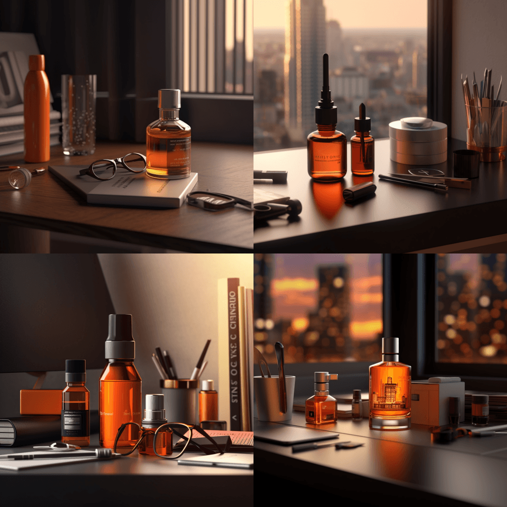 桌面上的瓶子、眼镜、化妆品和剃须膏，照片 - Midjourney Prompt