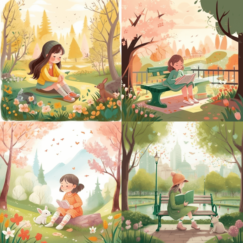 可爱的小女孩在公园里欣赏春天的绿色植物, - Midjourney Prompt