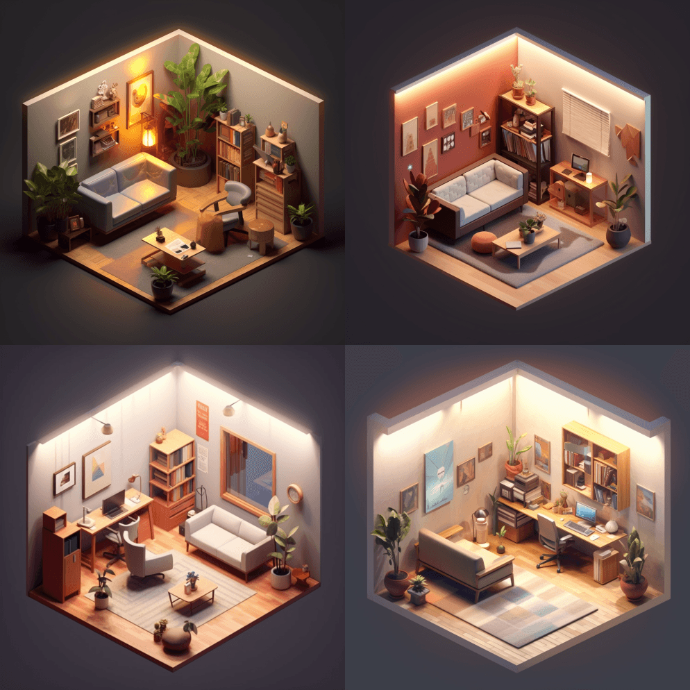 带工作台的办公角落、休闲角、沙发、地毯、 - Midjourney Prompt