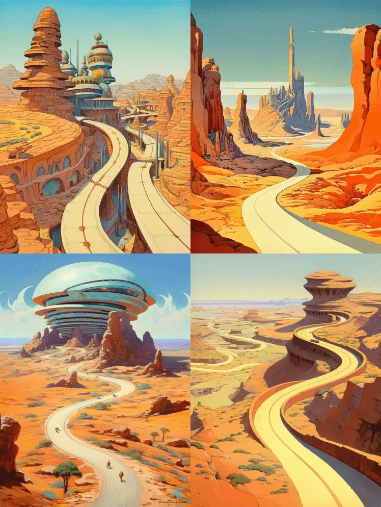 一幅沙漠中弯曲的道路的原始油画，风格为多 - Midjourney Prompt
