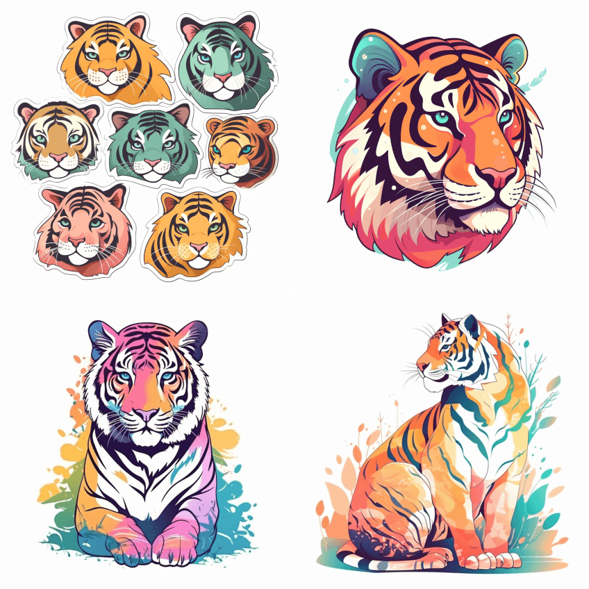 矢量艺术的老虎插图贴纸，色彩鲜艳，色彩斑 - Midjourney Prompt