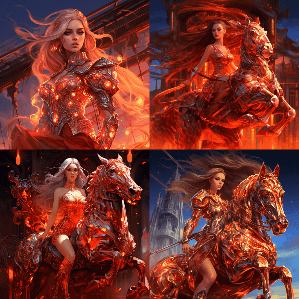 数码插图，随机角度，骑在机械马上的女孩， - Midjourney Prompt