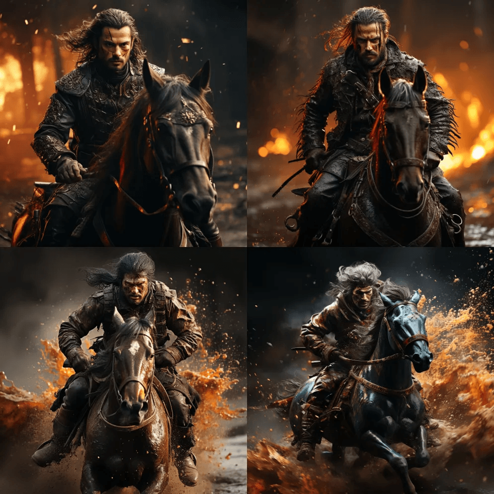 武士骑在马背上战斗，风格迷人，情感意象， - Midjourney Prompt