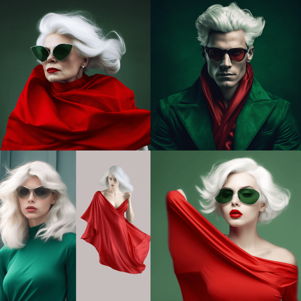 红色面料，白色头发，绿色复古玻璃，超级英 - Midjourney Prompt