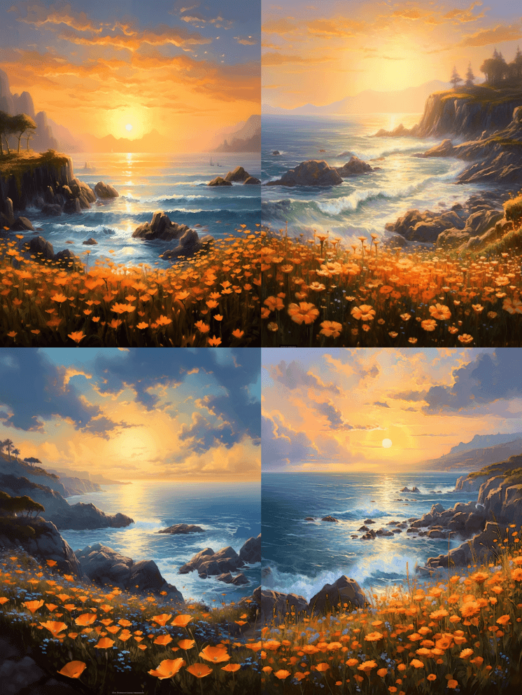 画的是海边的蓝色花朵，风格有吉姆·伯恩斯 - Midjourney Prompt
