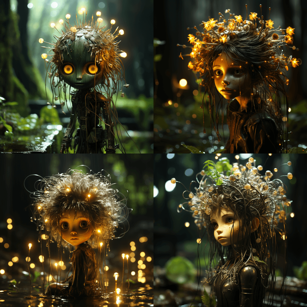 特写：森林仙女，长着蒲公英的头发，大大的 - Midjourney Prompt