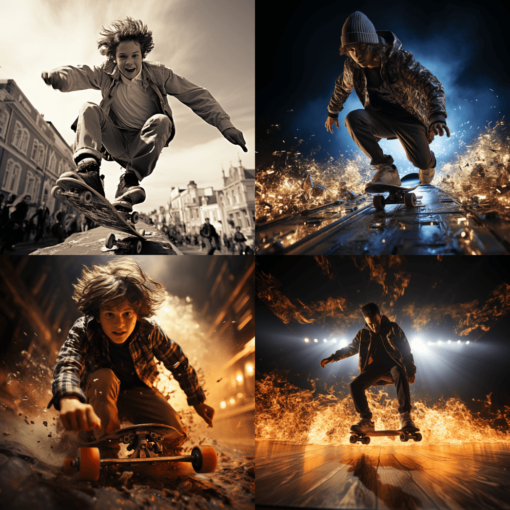 滑板上的少年冲向观众的照片。《子弹时间》 - Midjourney Prompt