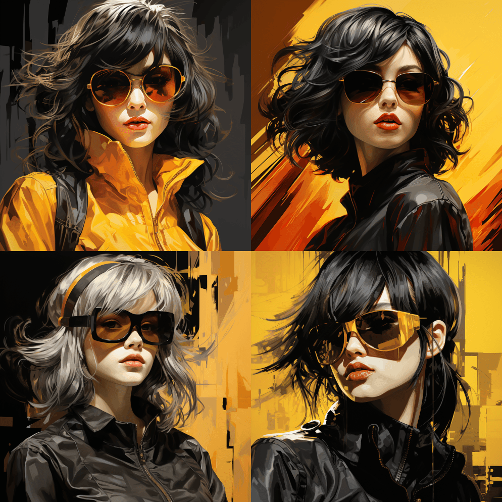 一个戴着黄色太阳镜的女孩的插图，脸上有头 - Midjourney Prompt
