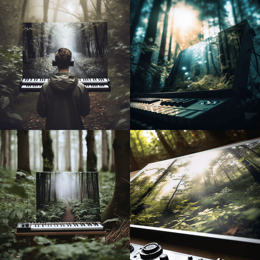 电子音乐海报照片，自然，浪漫，森林，音乐 - Midjourney Prompt