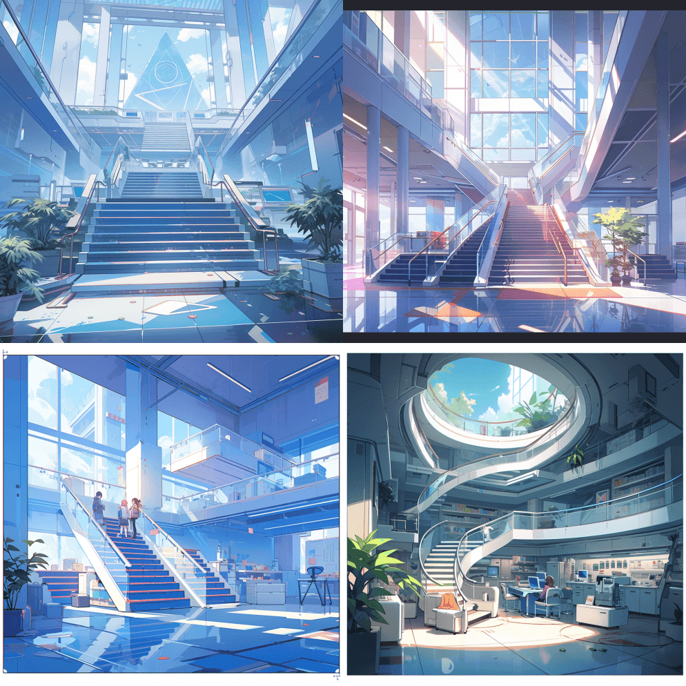 在人工智能与技术研究院大楼内，带楼梯的大 - Midjourney Prompt