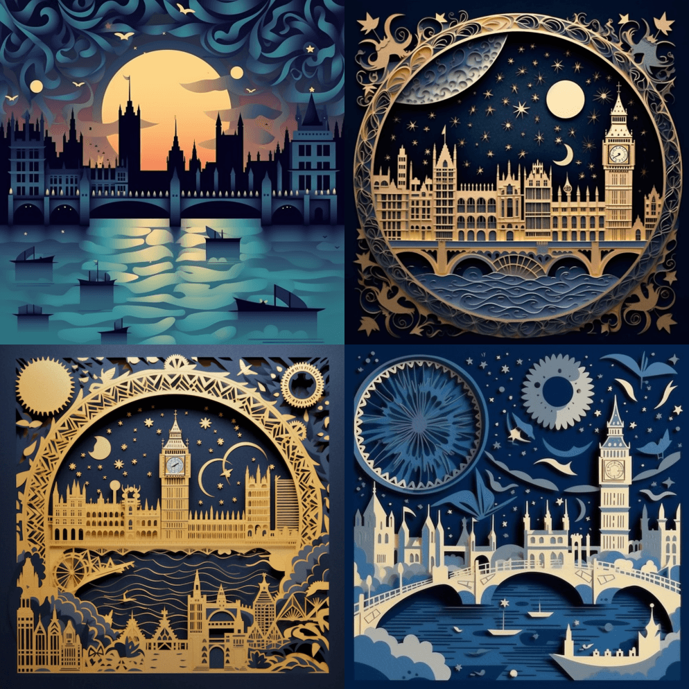 伦敦午夜，展示大本钟、伦敦眼、白金汉宫、 - Midjourney Prompt