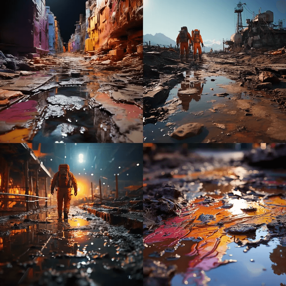 月球上的外星人脚印，丰富的色彩，宇航员， - Midjourney Prompt