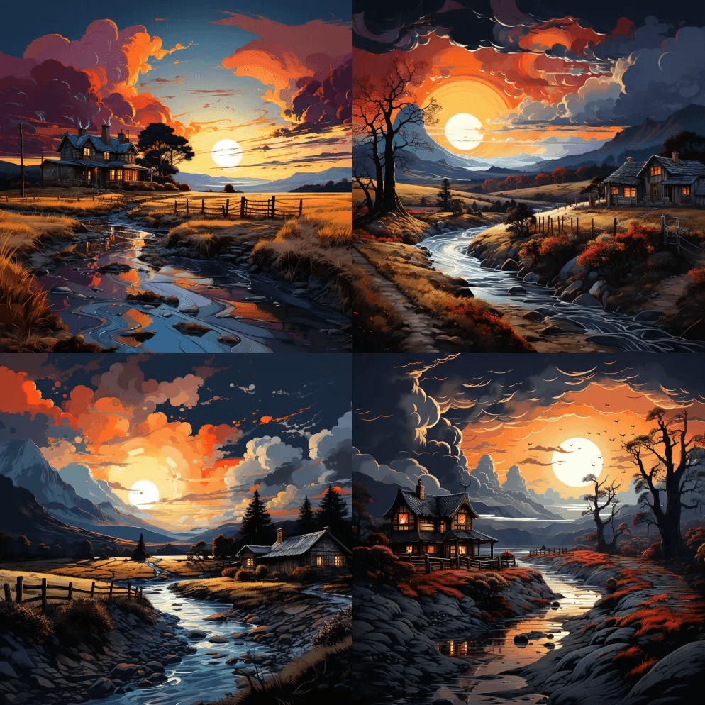 阴天的乡村落日，有一栋房子，调色板充满活 - Midjourney Prompt