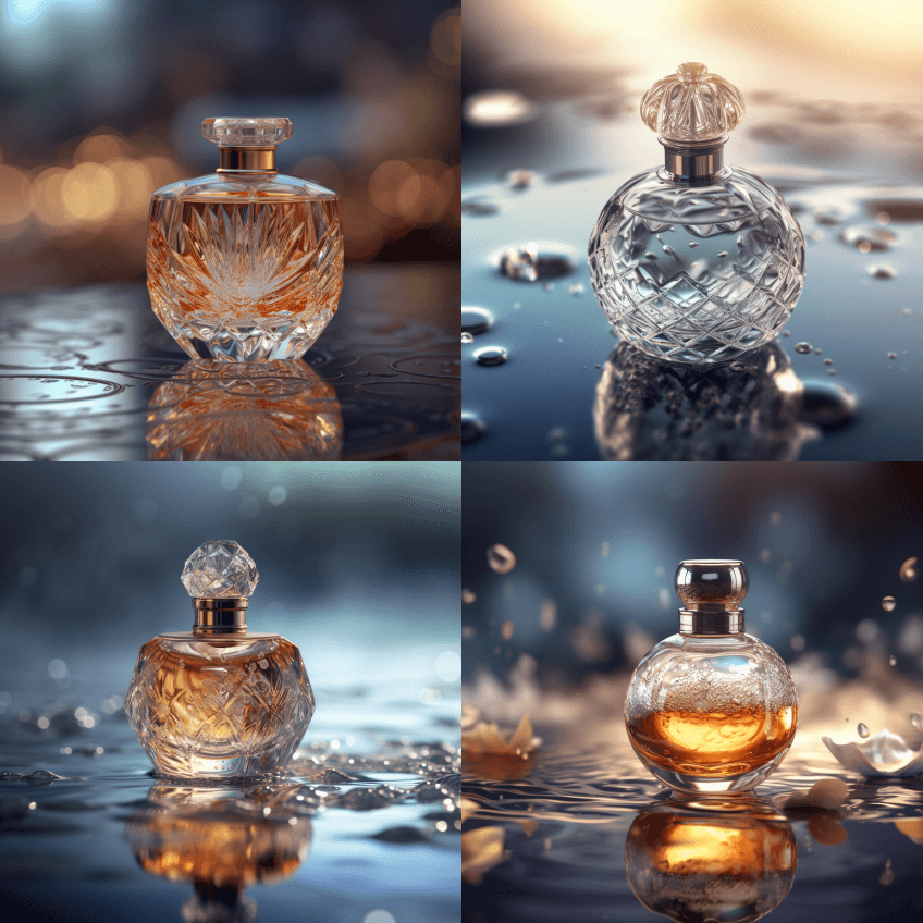 一个精致高贵的玻璃香水瓶放在水中央，阳光 - Midjourney Prompt