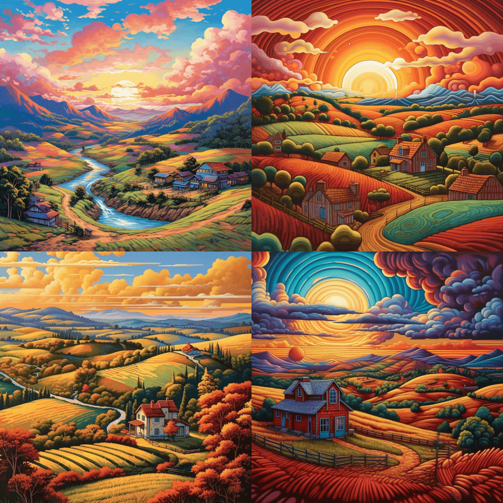 田园风光，起伏的山丘和古雅的农舍，海报艺 - Midjourney Prompt