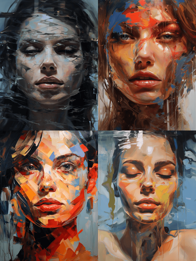 一个女人的脸在闪亮的表面，扭曲的比例描绘 - Midjourney Prompt