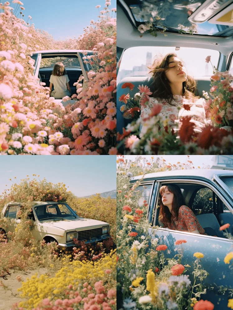 坐在装满鲜花的车里的约克郡人，川内林子的 - Midjourney Prompt