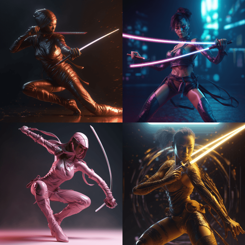 动态运动，美丽的忍者狐狸斜杠与闪亮的武士 - Midjourney Prompt