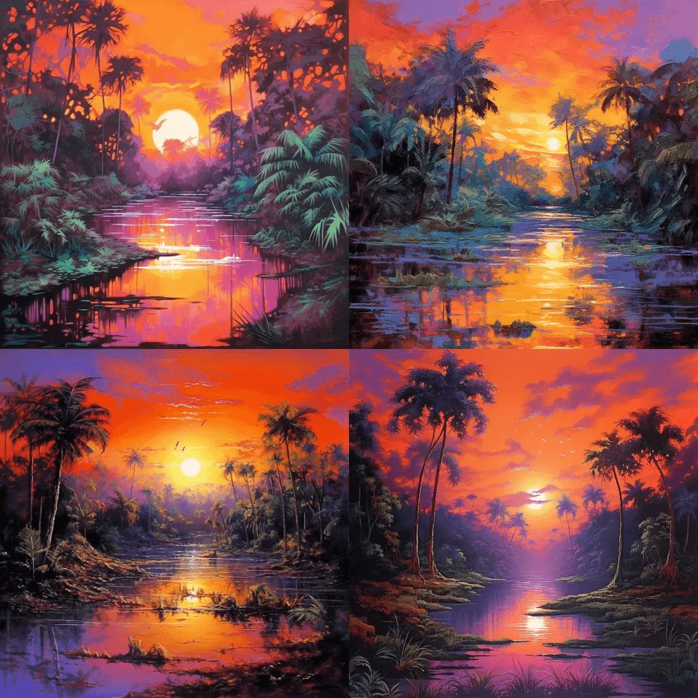 黄昏时的丛林景观，天空被画成橙色和紫色。 - Midjourney Prompt