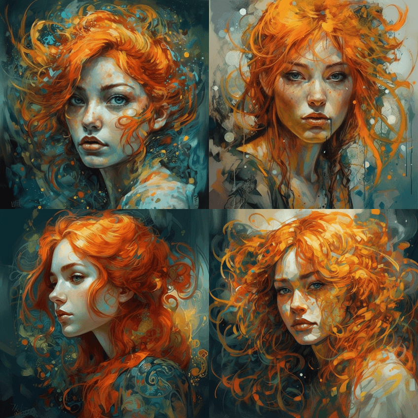 女孩留着橙色的头发 有漩涡状的图案 风 - Midjourney Prompt