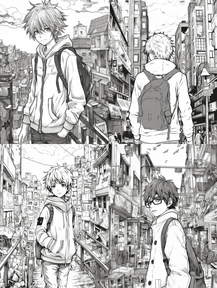 动漫男孩街头风格的服装。详细的忙碌背景。 - Midjourney Prompt