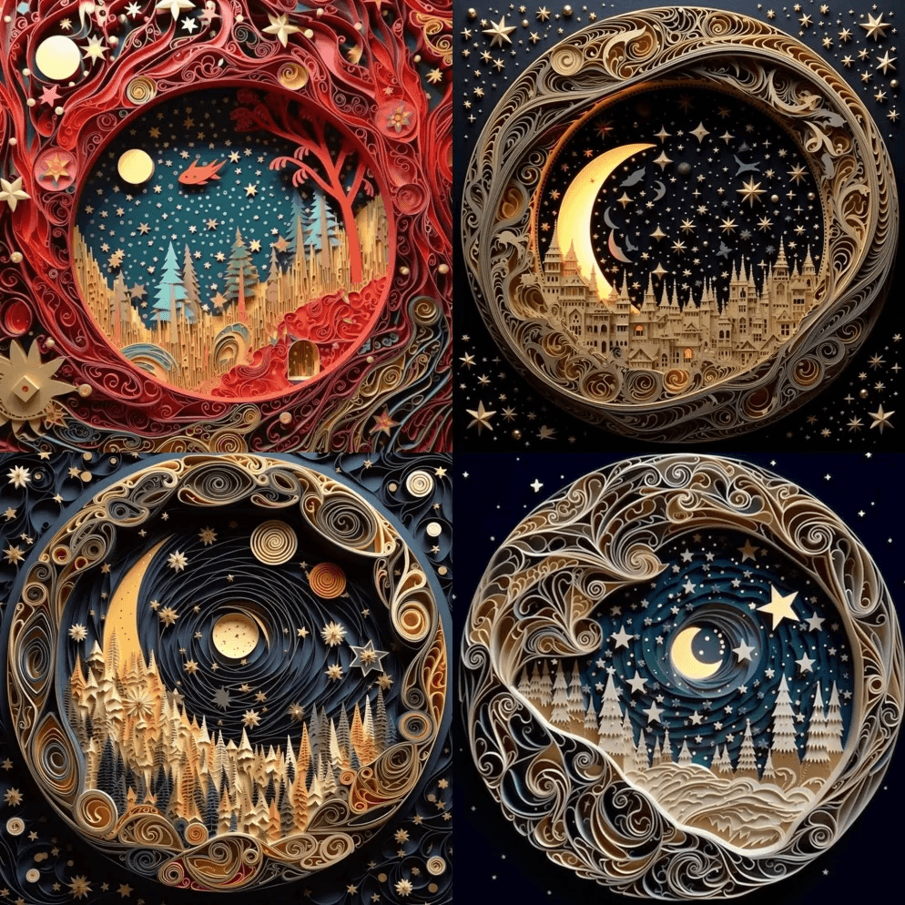 多维剪纸工艺，纸插图，隧道，恒星和行星， - Midjourney Prompt
