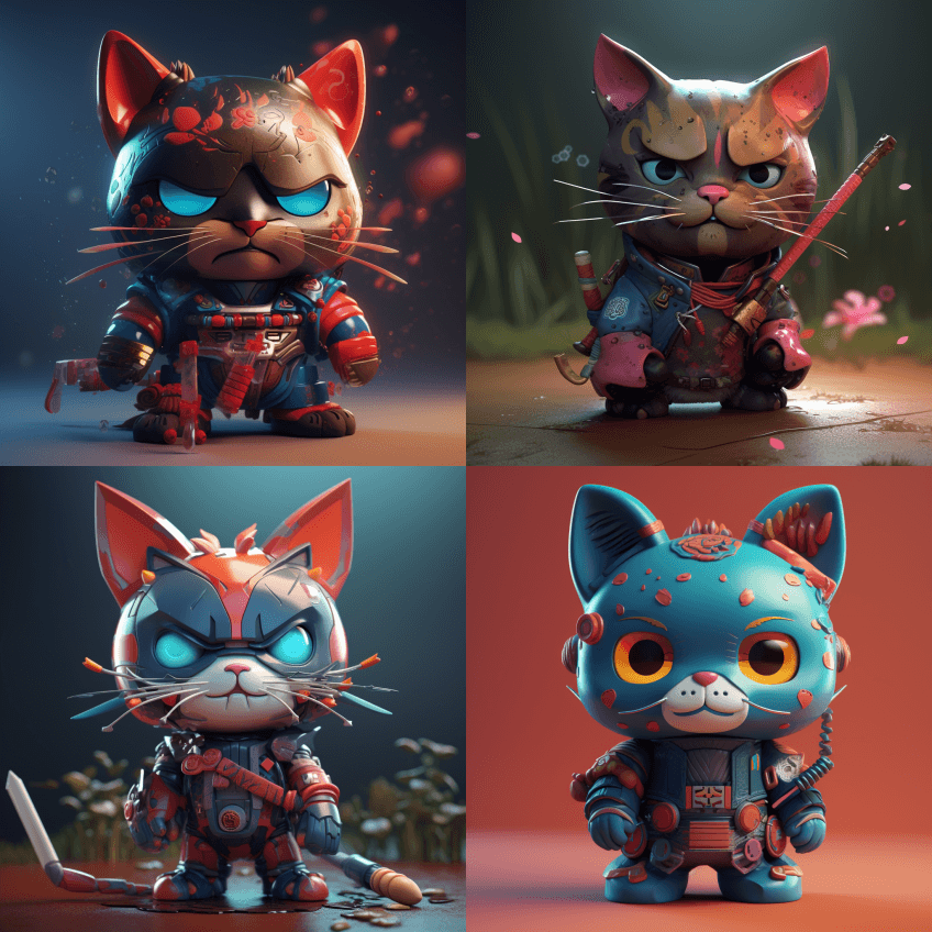 机器人武士猫角色可爱风格化3D红移渲染多 - Midjourney Prompt