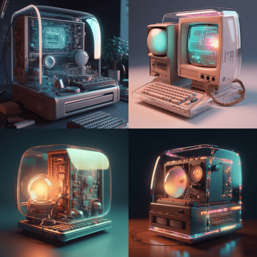 透明技术可爱复古电脑，景深，演播室照明， - Midjourney Prompt