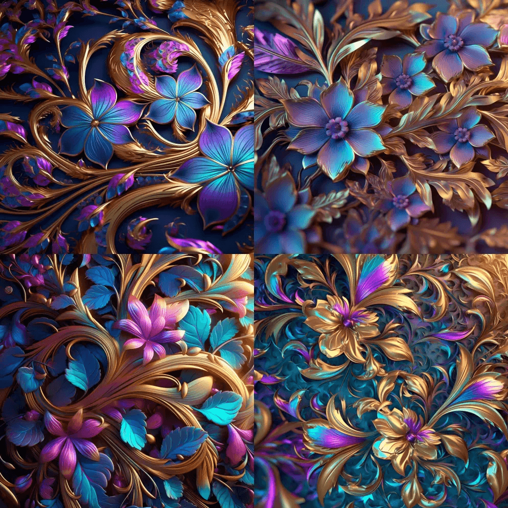 华丽的图案和抽象的花朵和藤本植物，金色和 - Midjourney Prompt
