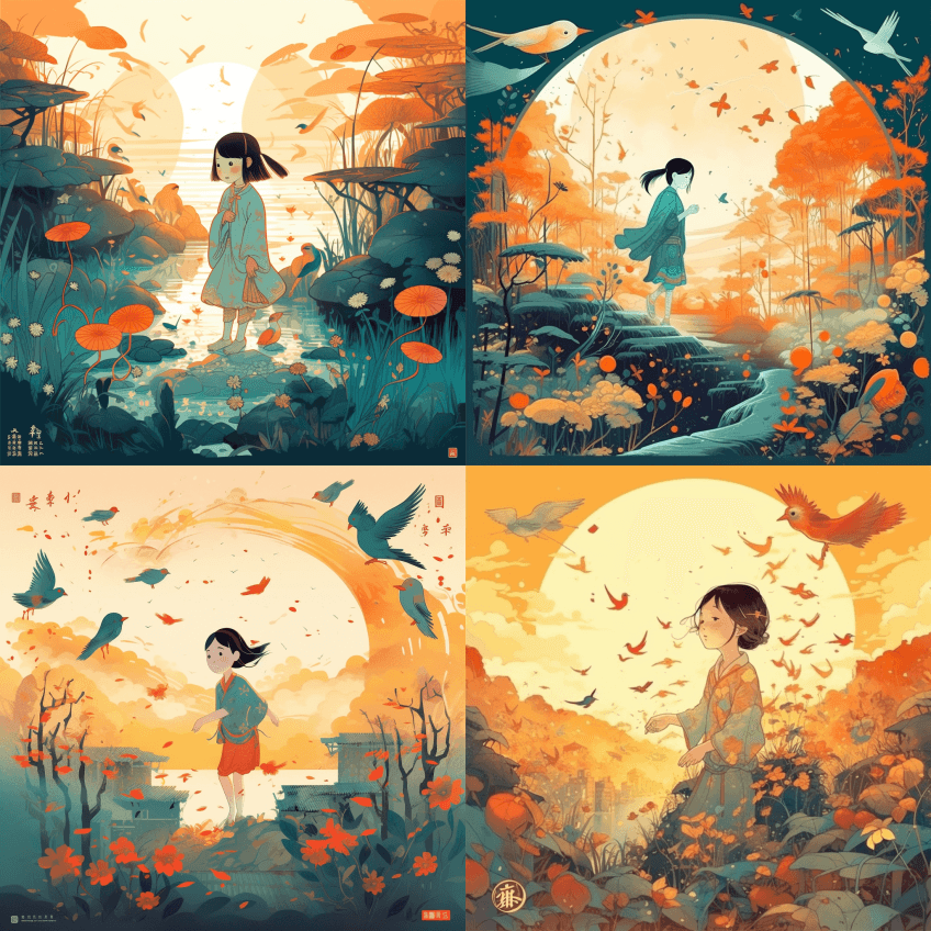 画白鹿节气，中国节气，渐变背景，小女孩正 - Midjourney Prompt