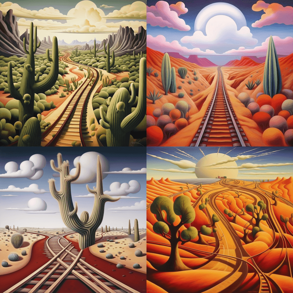 穿越仙人掌覆盖的草原的多线铁路：：100 - Midjourney Prompt