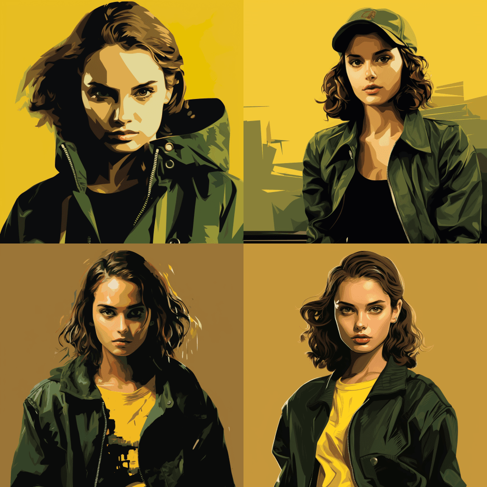 一幅娜塔莉·波特曼13岁时的插图，穿着绿 - Midjourney Prompt