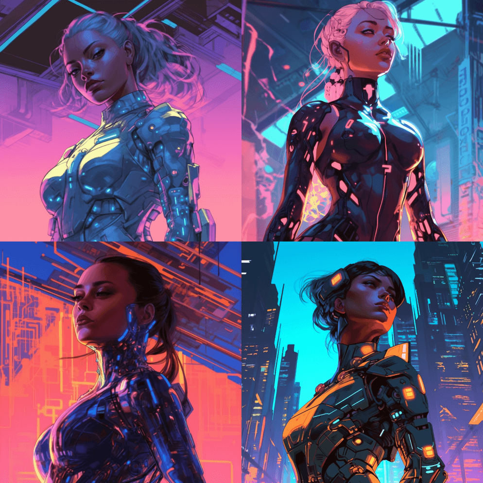 全身低角度拍摄了一个未来主义的赛博朋克半 - Midjourney Prompt